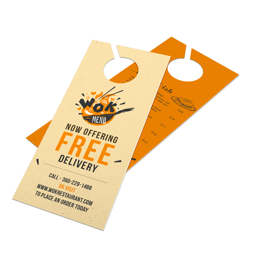 Two door hangers for a restaurant offering free delivery Two door hangers for a restaurant offering free delivery