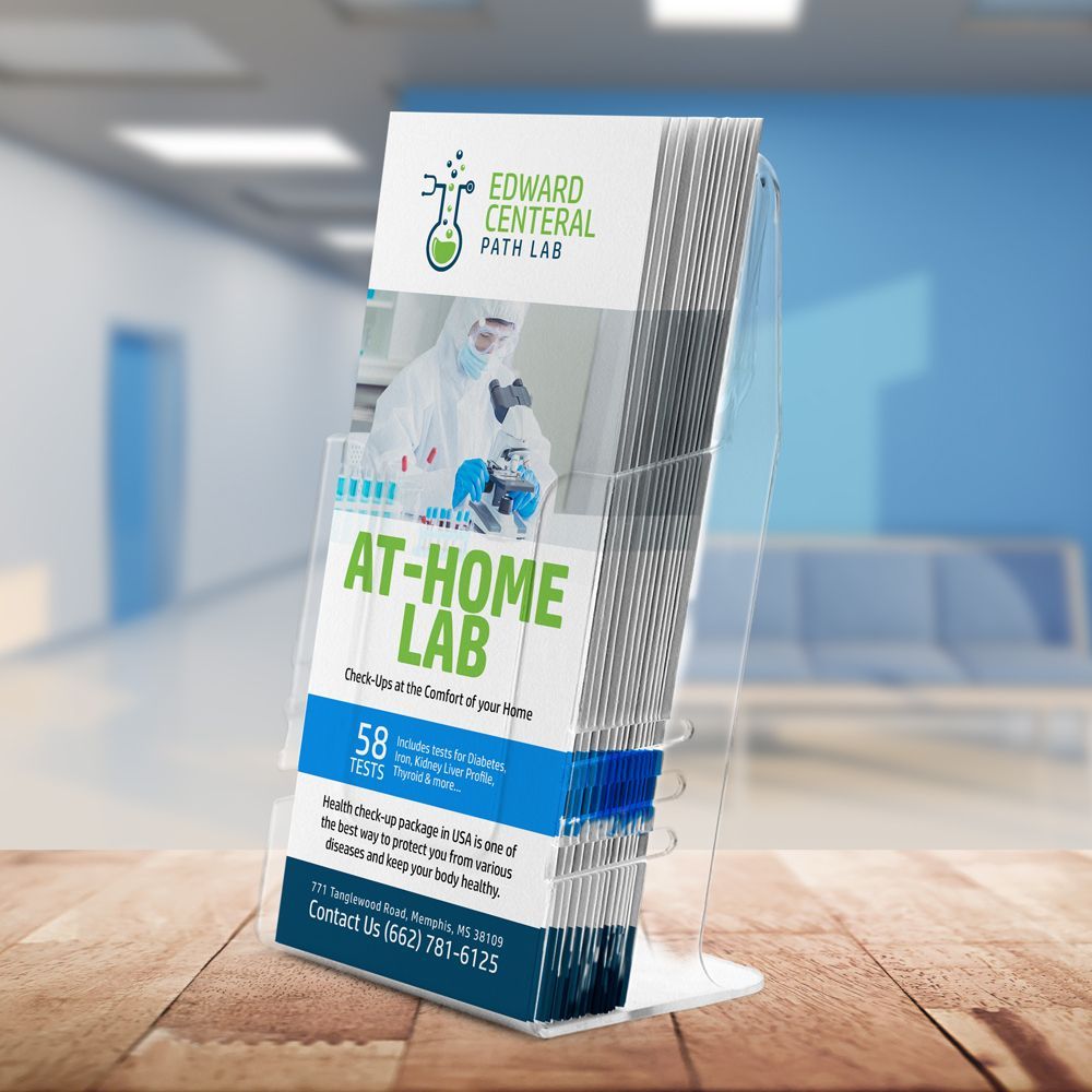 A brochure for an at-home lab is sitting on a wooden table. A brochure for an at-home lab is sitting on a wooden table.