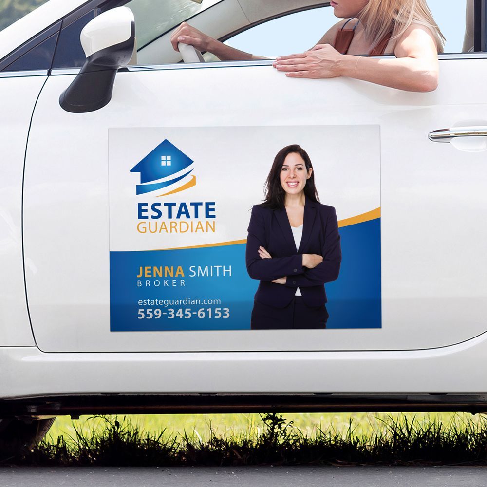 A woman is sitting in a car with a estate guardian magnet on the door. A woman is sitting in a car with a estate guardian magnet on the door.