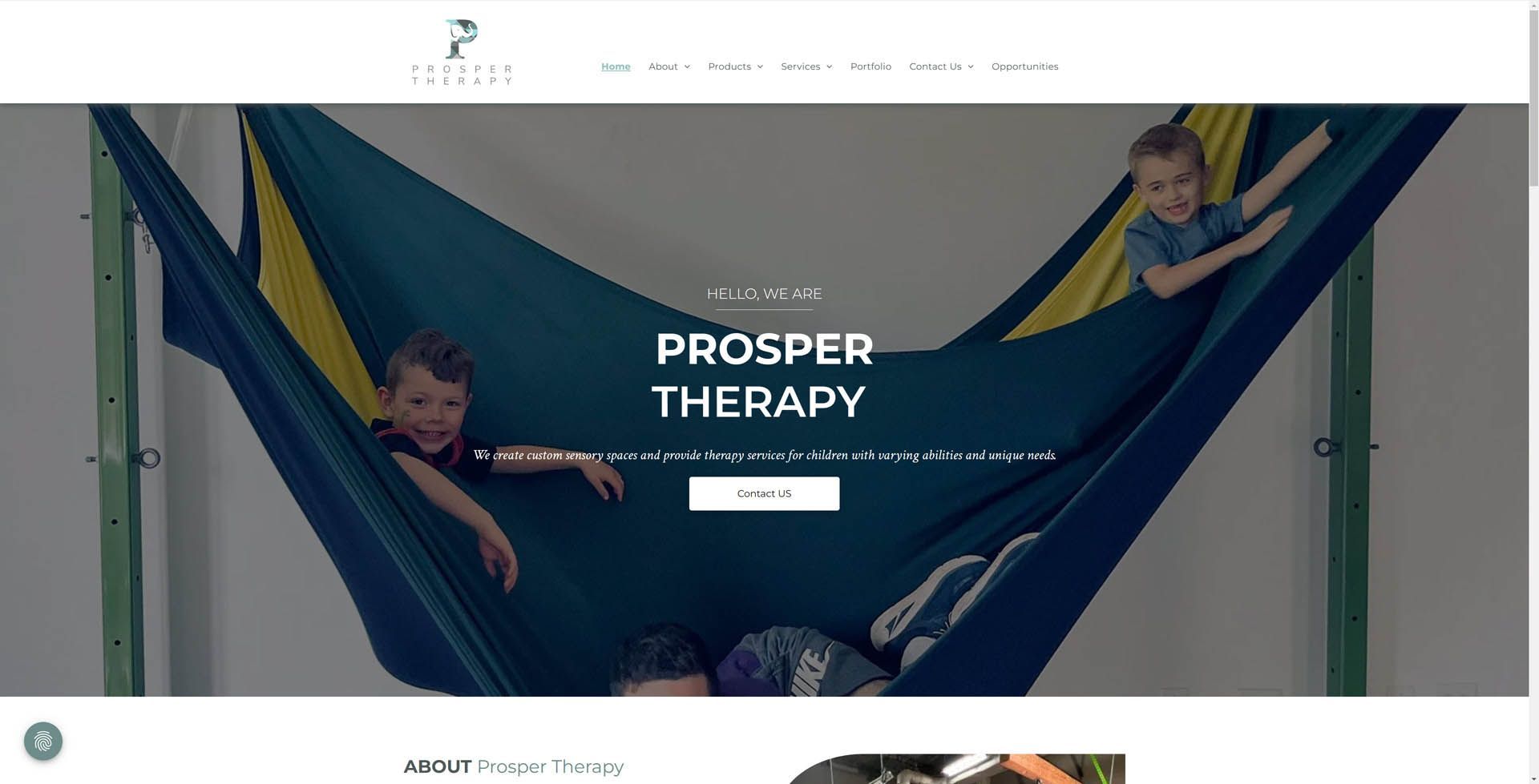 A screenshot of a website for prosper therapy shows three children laying in a hammock.