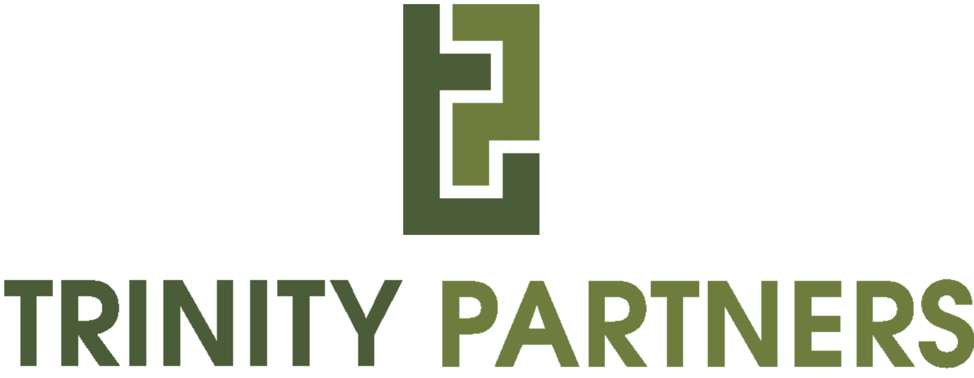 The trinity partners logo is green and white and says trinity partners.