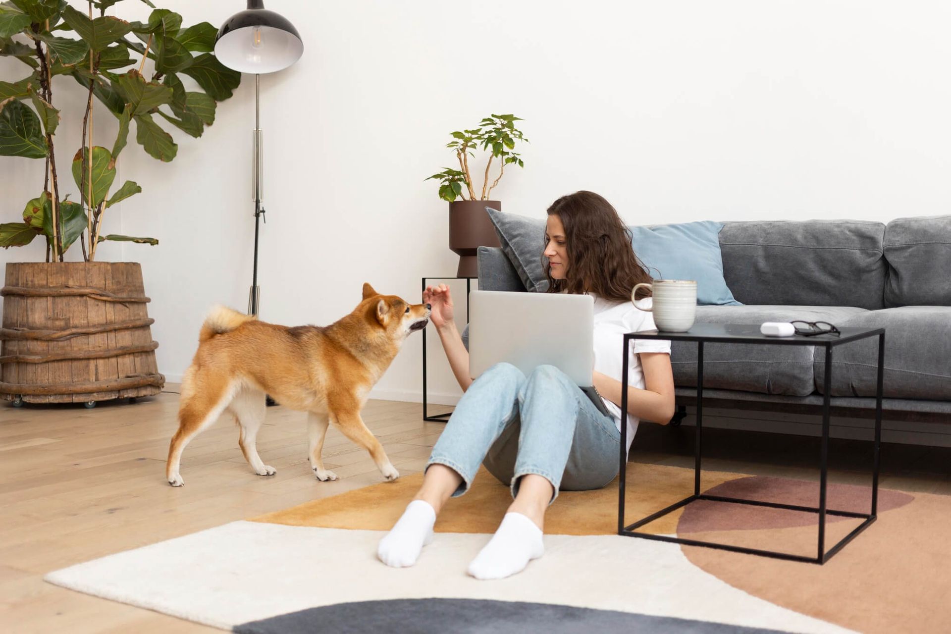 Woman on floor using laptop, dog approaching. Living room setting; neutral colors.