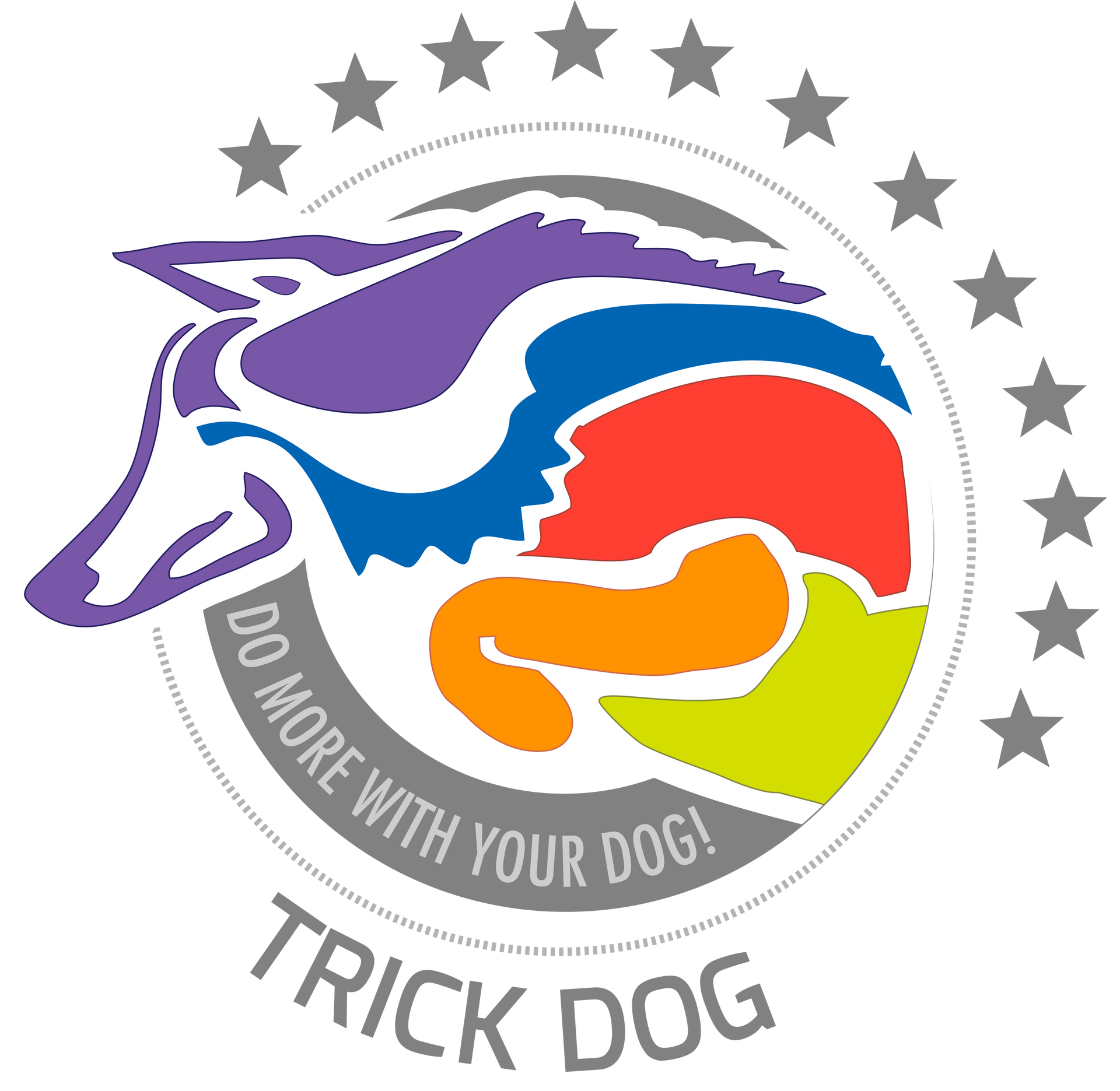 Colorful dog head outline with "Trick Dog" and "Do More With Your Dog!" text; stars.