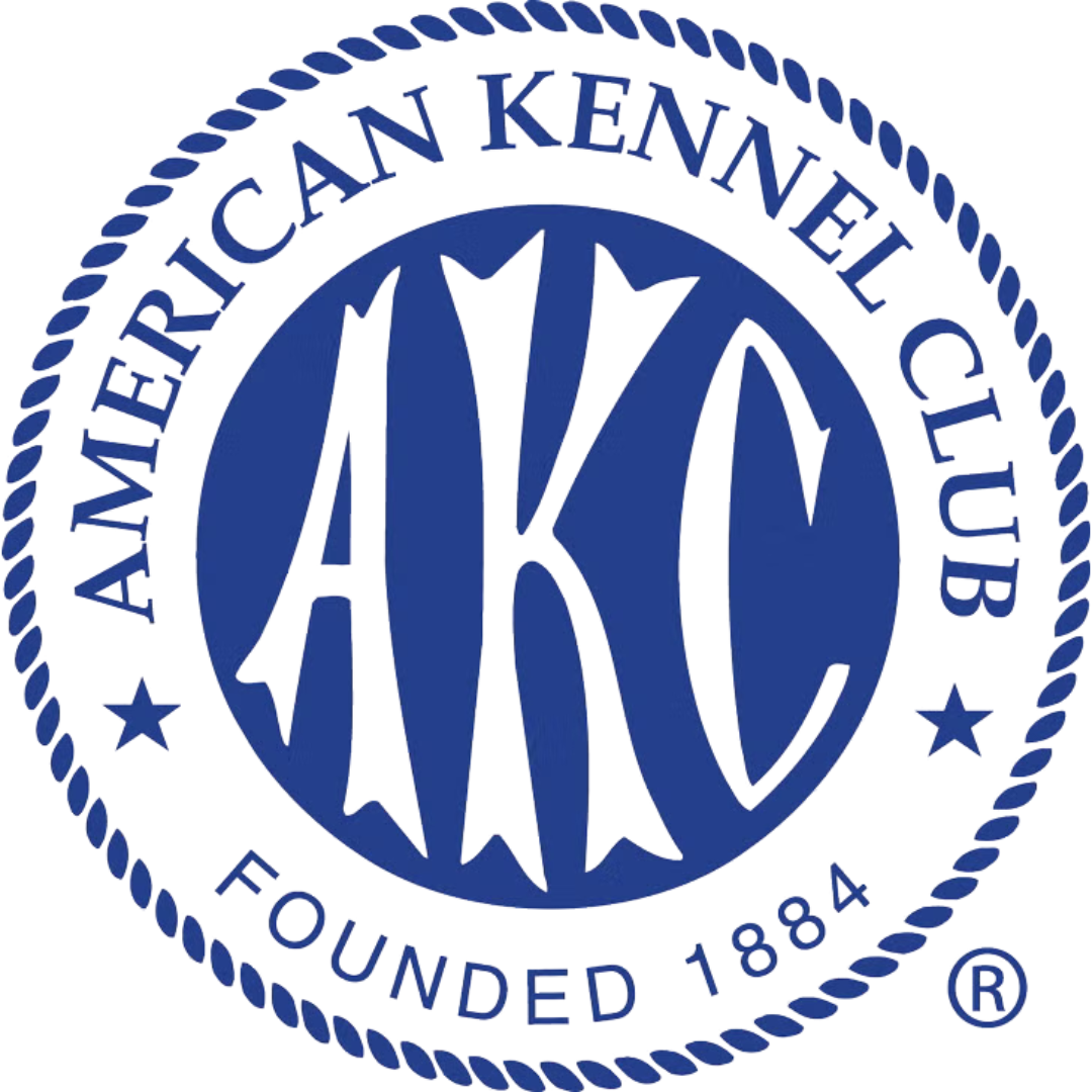 American Kennel Club logo: Blue circle with white "AKC" and rope border, "Founded 1884".