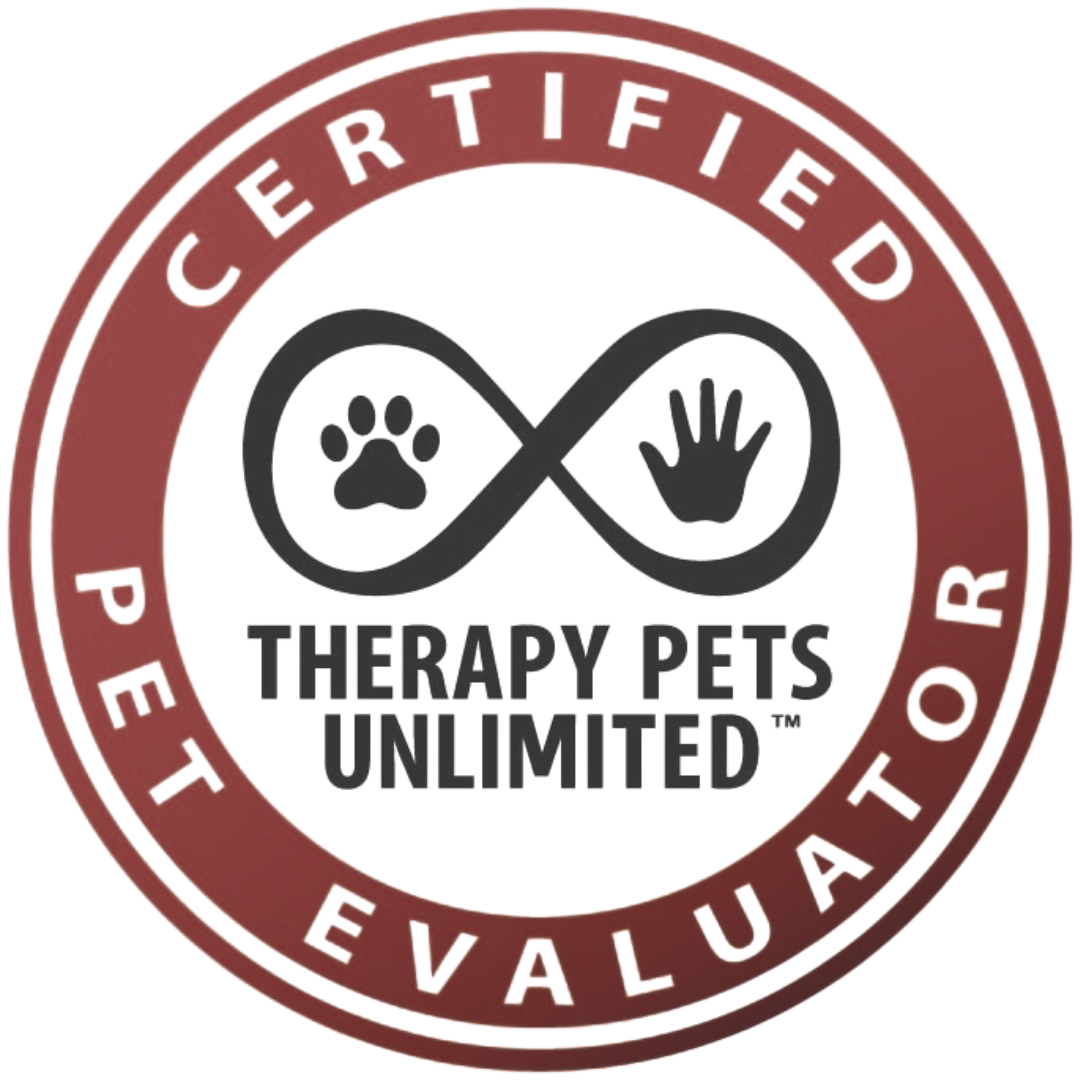 Red and white Therapy Pets Unlimited certification seal with paw print, hand, and infinity symbol.