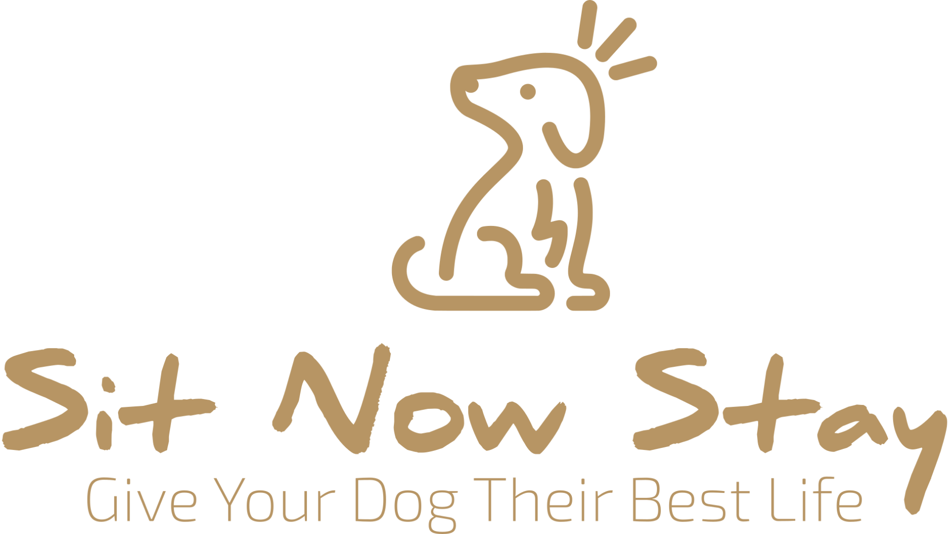 Logo of a dog sitting with rays above its head, with text 