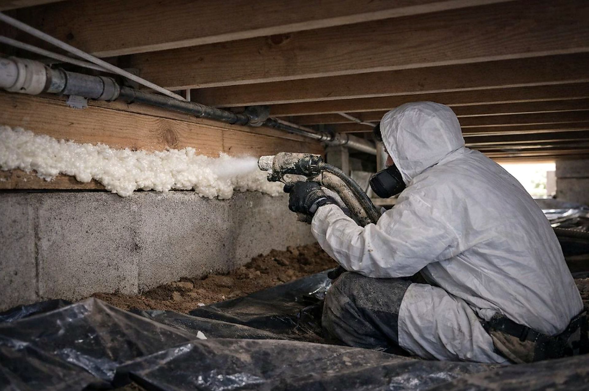 Worker sprays foam between crawlspace joists during Spray Foam Insulation Services in Muncie, IN for sealing and warmth.