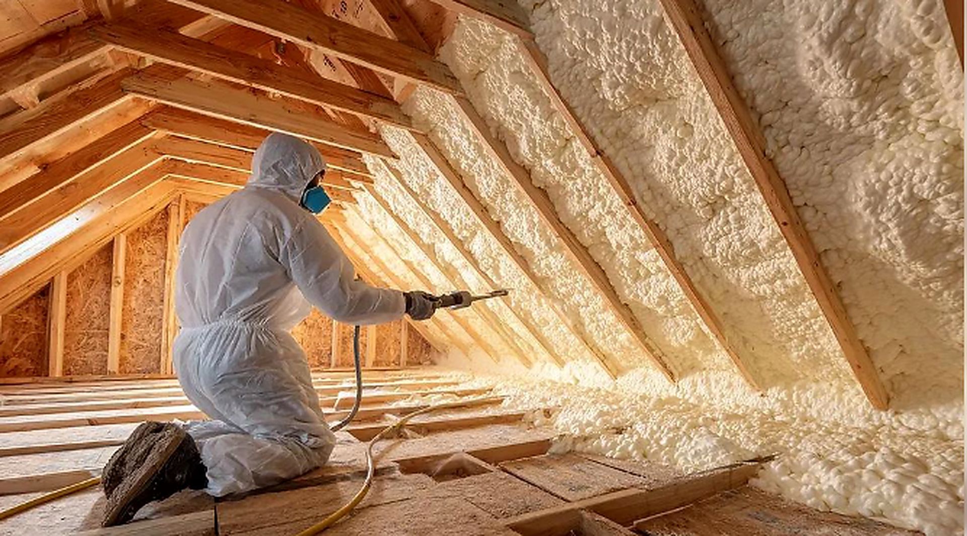 Worker sprays foam along attic rafters during Spray Foam Insulation Services in Muncie, IN for better energy efficiency.