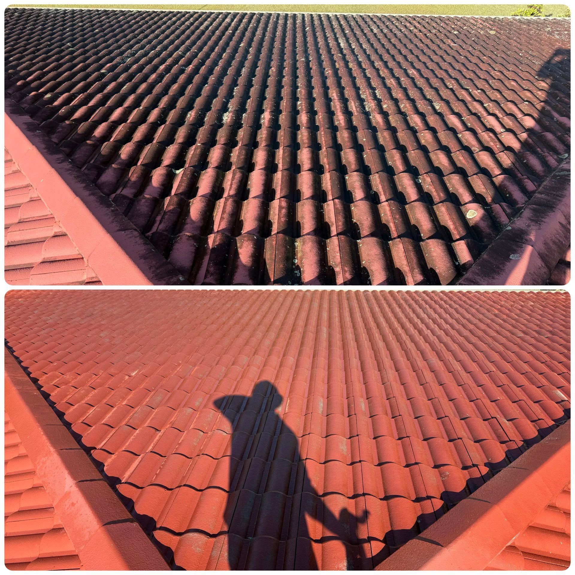 Two Rooftop Views of Red Clay Tiles, With a Person’s Shadow Cast Across the Lower Roof — CPR Exterior Cleaning in Svensson Heights, QLD