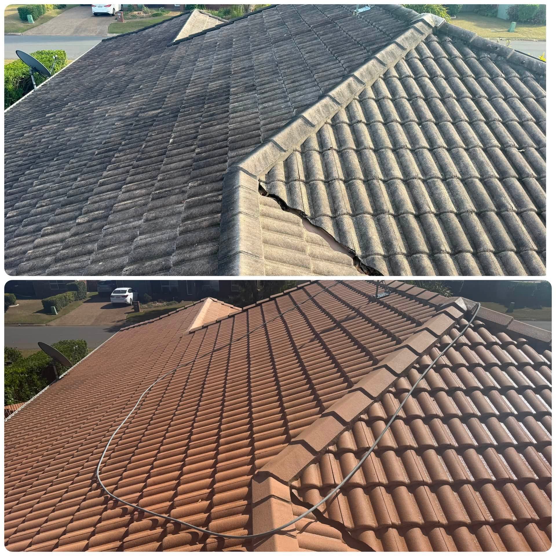 Split-view Roof Comparison: Dark Gray Shingles Above, Terracotta Tile Roof Below, Both on a Suburban Home — CPR Exterior Cleaning in Bundaberg West, QLD