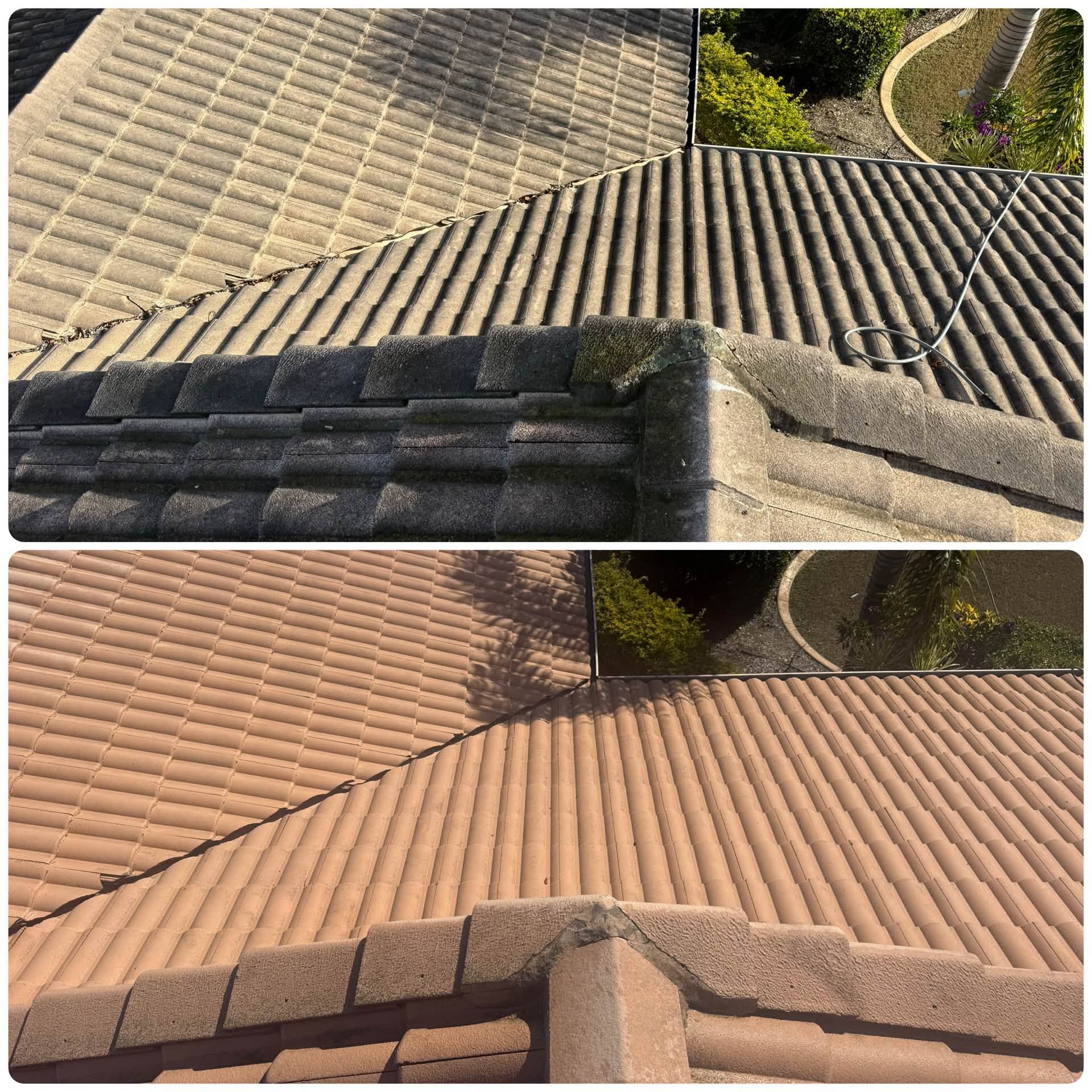 Rooftop Clay Tiles Shown Before and After Cleaning, With Dark Grime Removed to Reveal Lighter Terracotta — CPR Exterior Cleaning in Moore Park Beach, QLD
