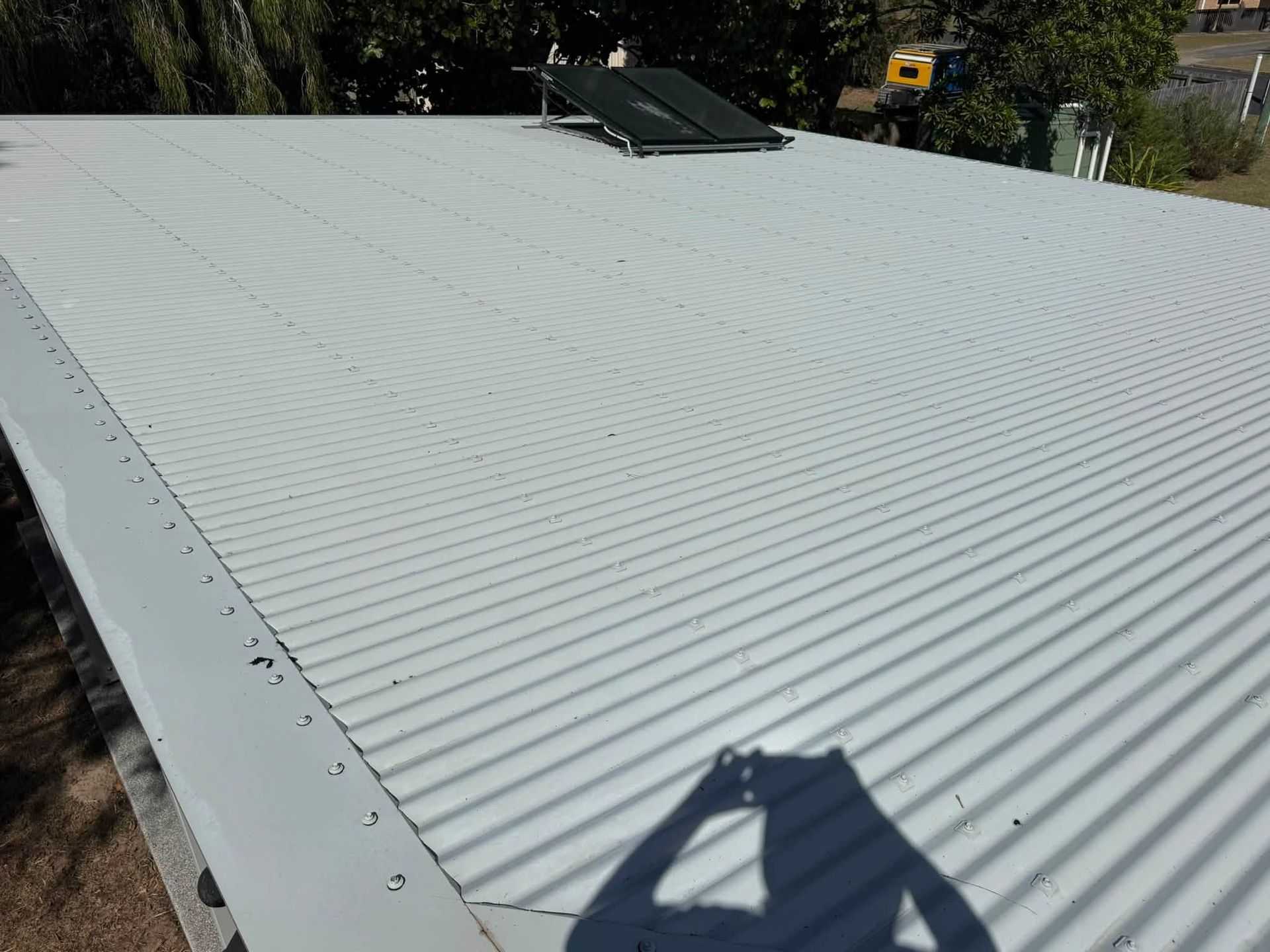 White Corrugated Metal Roof With Skylight and Tree Shadows, Viewed From Above — CPR Exterior Cleaning in Bundaberg East, QLD