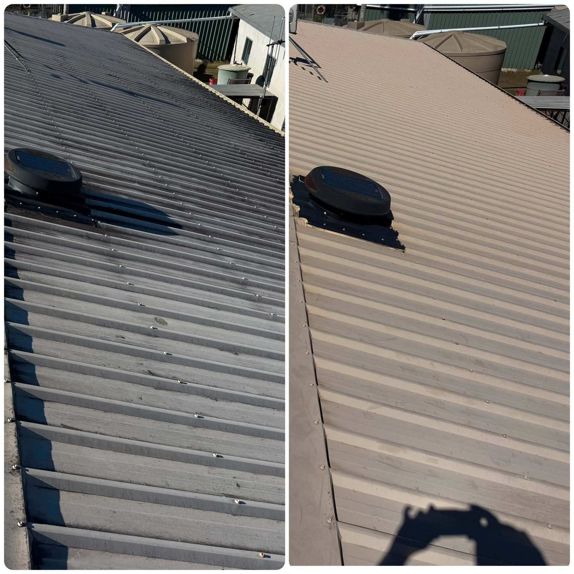 Split View of a Corrugated Metal Roof: Dark Gray on the Left, Tan on the Right, Each With a Roof Vent — CPR Exterior Cleaning in Burnett Heads, QLD