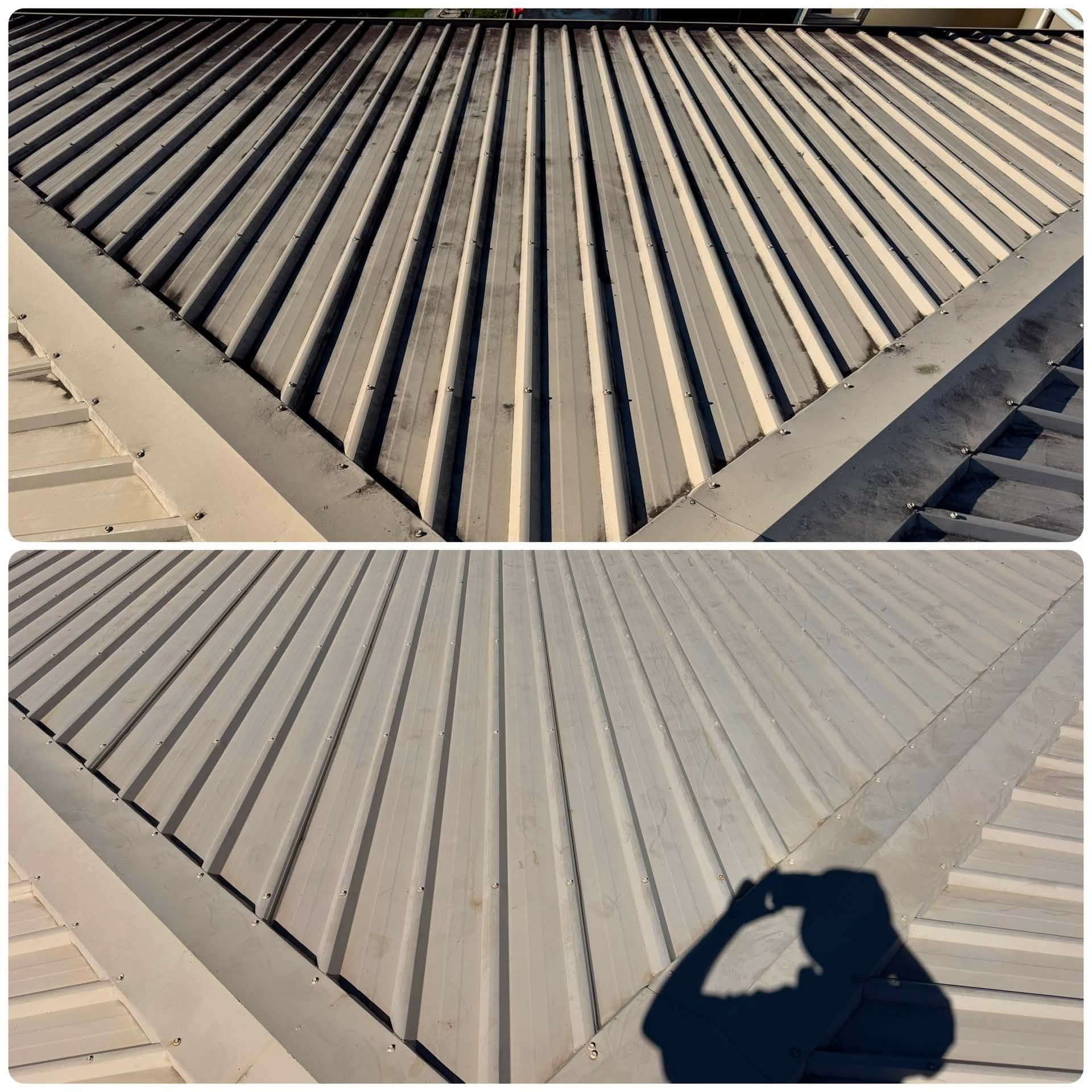 Before-and-after View of a Beige Corrugated Metal Roof, With a Shadow of a Photographer in the Lower Image — CPR Exterior Cleaning in Elliot Heads, QLD