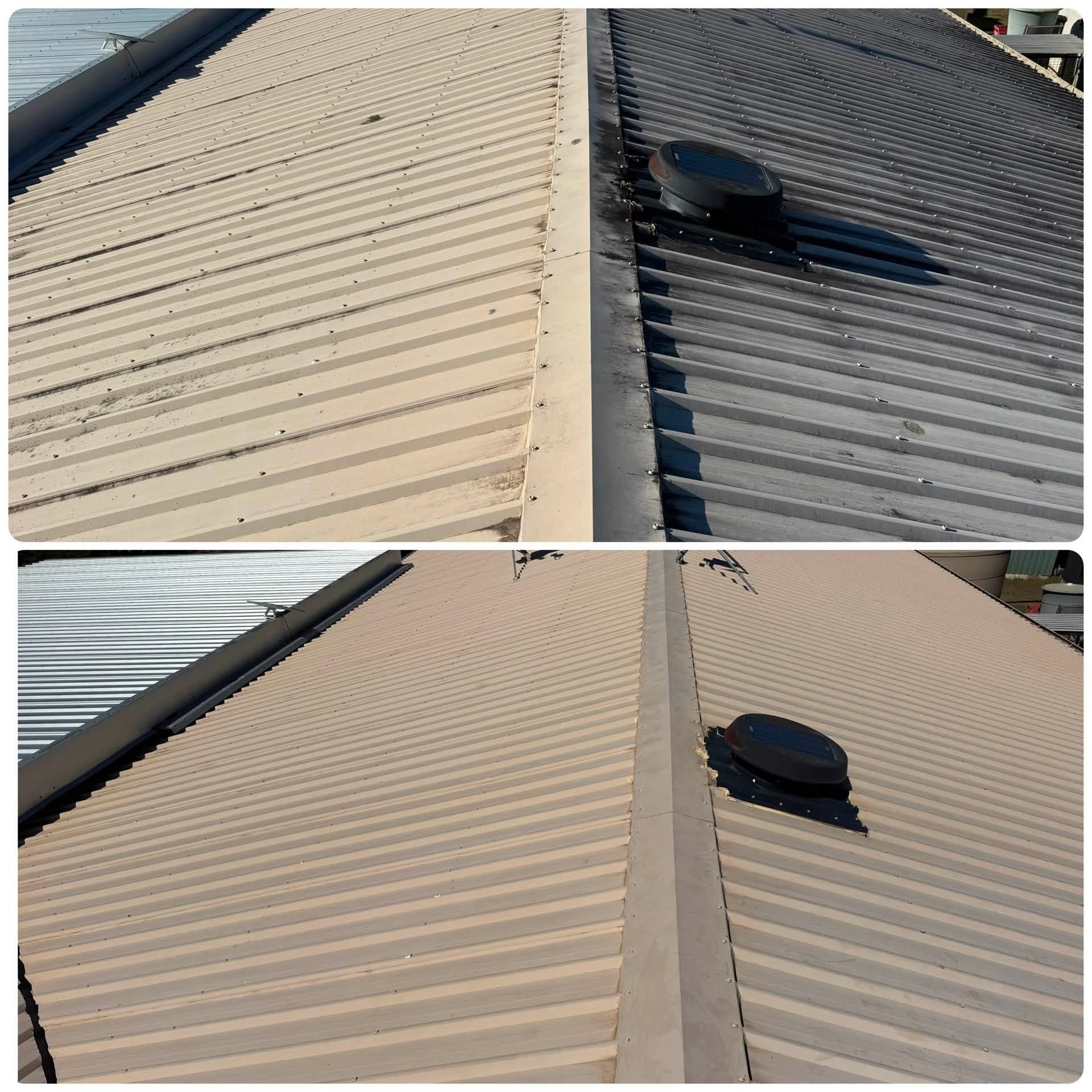 Split-view Of a Corrugated Metal Roof Before and After Coating, Showing Beige and Gray Panels With a Vent Pipe — CPR Exterior Cleaning in Svensson Heights, QLD