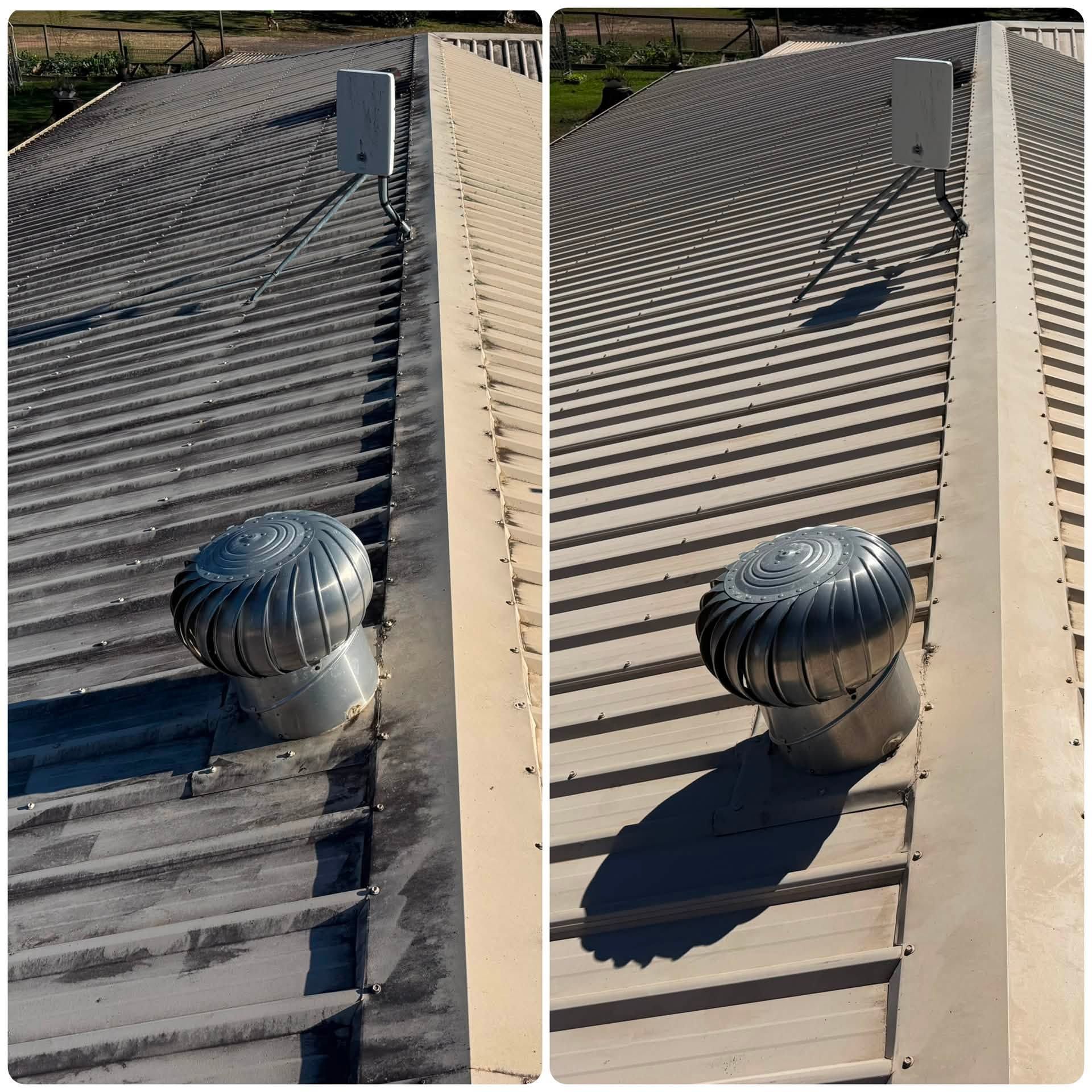 Two Rooftop Vents on a Corrugated Metal Roof, One Upright and One Bent, Shown Side by Side — CPR Exterior Cleaning in Svensson Heights, QLD