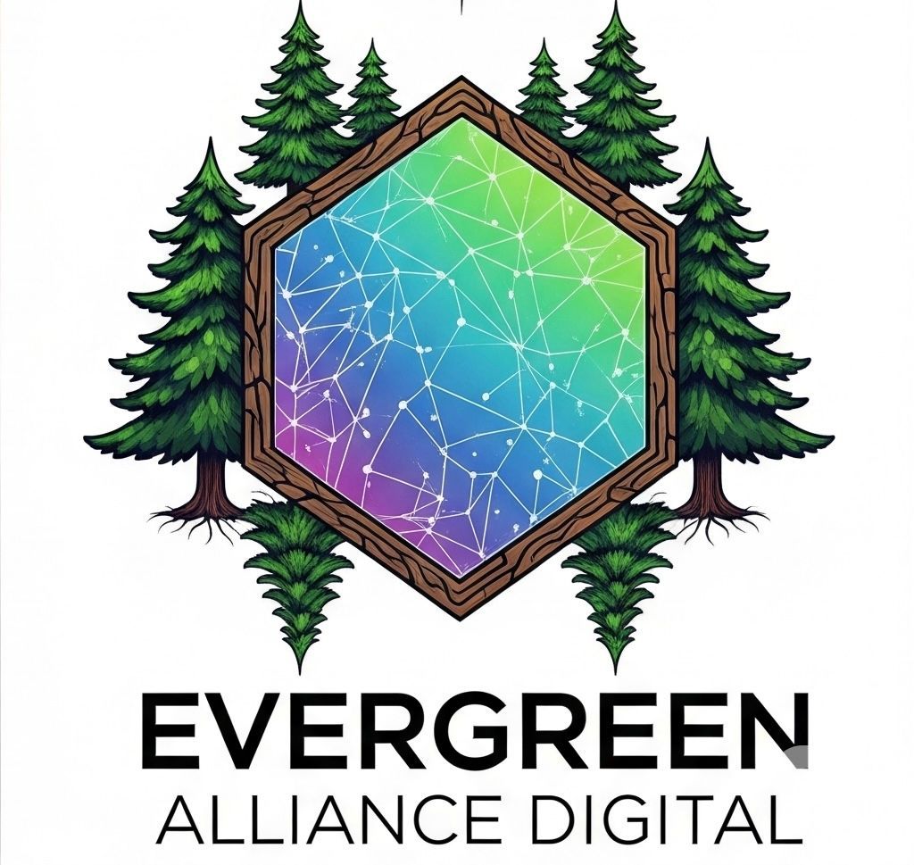 Logo: Hexagon with a green, blue, and purple gradient, surrounded by trees. Text reads 