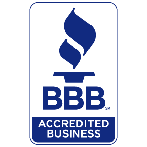 BBB Accredited Business logo: blue flame above 