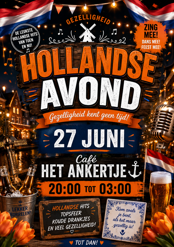 ??? HOLLANDSE AVOND ???
Zing mee met de grootste Hollandse hits en beleef een avond vol gezelligheid, sfeer en feest! ??
? Cafรฉ Het Ankertje
? Vrijdag 27 juni
? 20:00 uur โ 03:00 uur
? De leukste Nederlandse meezingers
? Koude drankjes
? Gezellige sfeer
? Feesten tot in de late uurtjes