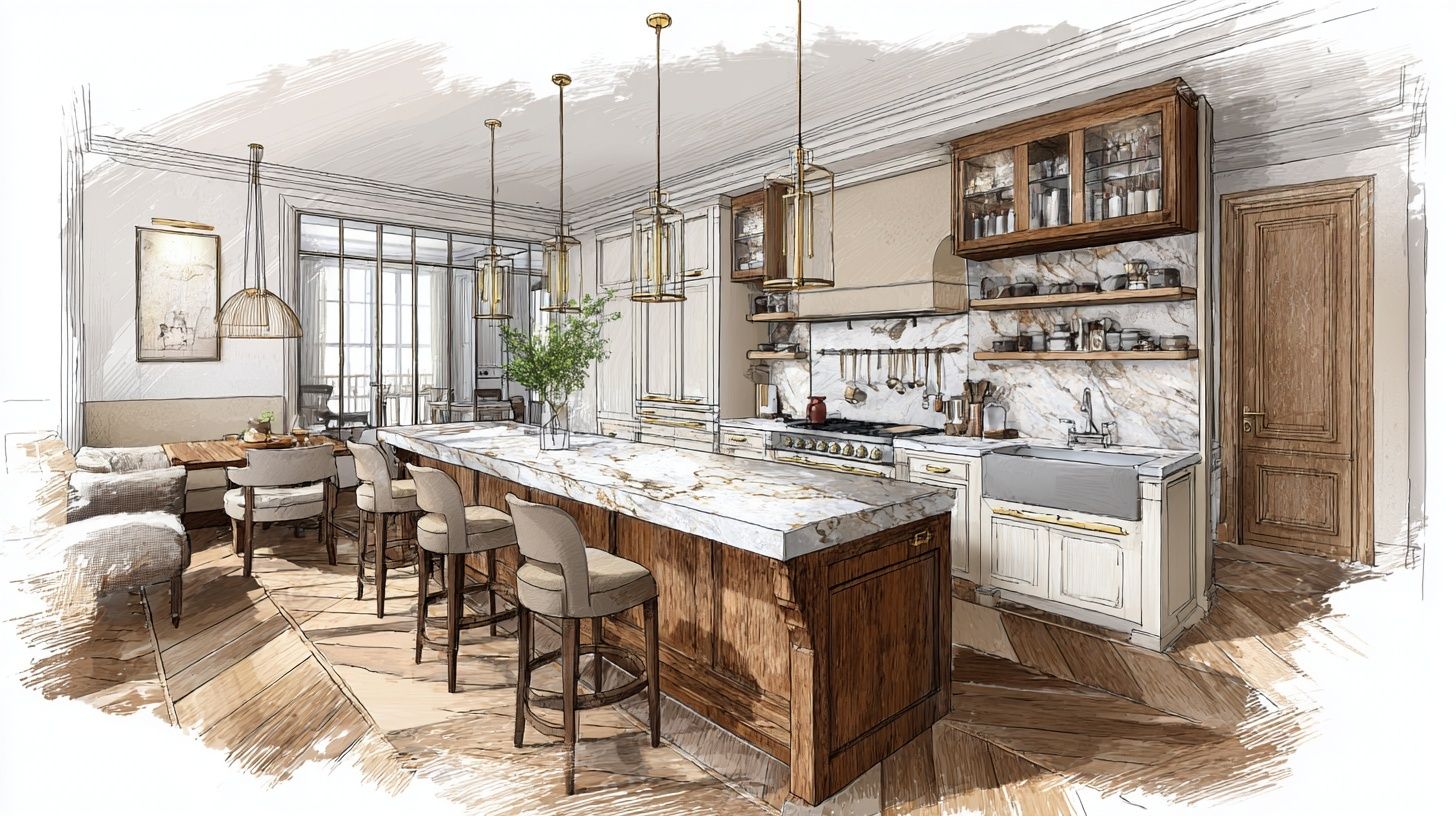 Design an interior perspective of the kitchen in a luxury style,