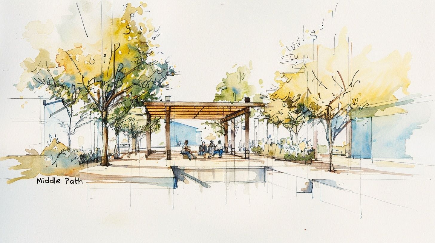 architectural sketch of a community courtyard inspired by the “Middle Path” concept, hand-drawn linework by architect, soft watercolor tone with marker shading, shows people sitting quietly and talking under large trees, open wooden pavilion, reflective pond, natural ventilation, under warm daylight, balance between happiness and sadness atmosphere, gentle shadows, minimalist background, Thai vernacular influence, perspective composition, white sketchbook paper texture --ar 16:9 --style raw --q 2 --v 6