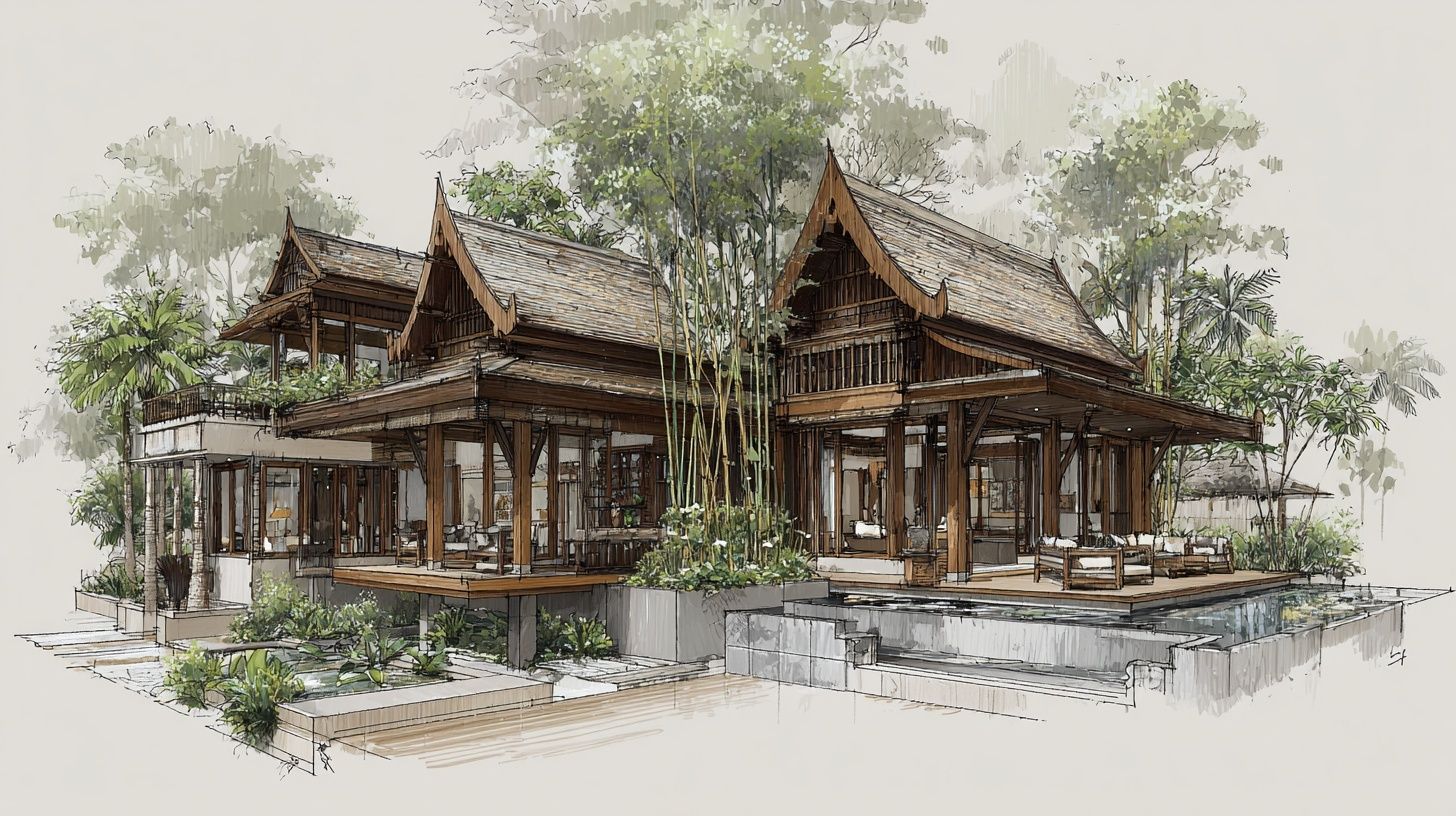 Exterior facade concept. style tone: Traditional Thai. House, gross area 140 sqm, one-story, 4BR, 2BA, 2 car(s), extras: rooftop garden, terrace. site 14x26 m, orientation North, plan scale 1:150, terrain hillside, climate tropical monsoon. plant palette: rain tree, frangipani, golden shower (cassia), bamboo, areca palm, plumeria. isometric camera, aspect 9:16, daylight light, overcast soft mood, people: no people. render style marker sketch, detail high. materials & cues: elevated timber house, steep gables, tiered eaves, carved wood, open veranda, lotus pond. keep design cohesion across all views. no brands, no logos, no celebrity likeness, no watermark.