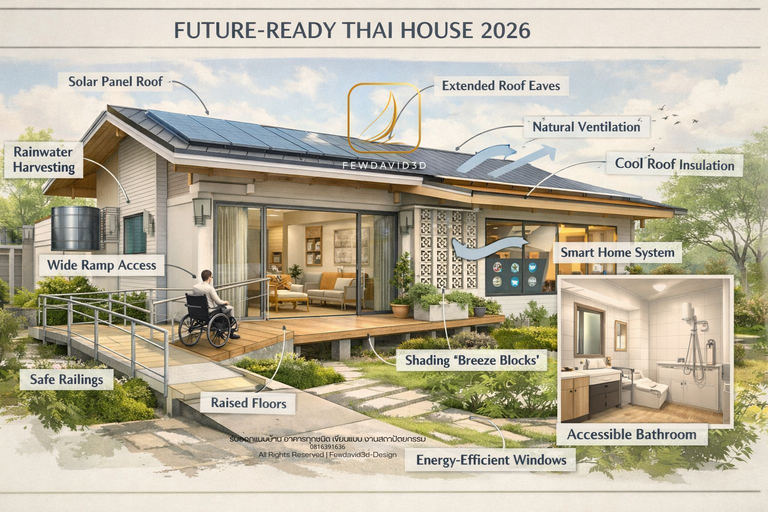 Conceptual architectural illustration of future-ready Thai house 2026, single-storey, universal design, energy-efficient, safe and calm living, realistic but slightly diagrammatic style, soft tones, educational architectural visualization --ar 16:9