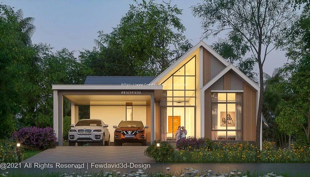 บ้านสไตล์นอร์ดิกชั้นเดียว โดดเด่นด้วยหลังคาทรงจั่วสูงและกระจกบานใหญ่ที่ช่วยเพิ่มแสงธรรมชาติให้กับตัวบ้าน ดีไซน์ผสมผสานระหว่างไม้และโครงสร้างสีขาว ให้ความรู้สึกอบอุ่นและทันสมัย พื้นที่หน้าบ้านมีสวนสีเขียวและดอกไม้สร้างบรรยากาศสดชื่น ด้านซ้ายเป็นโรงจอดรถขนาดกว้างขวาง รองรับรถได้สองคัน เหมาะสำหรับครอบครัวที่ต้องการบ้านสไตล์โมเดิร์นมินิมอล ผสมผสานความเรียบง่ายและความหรูหราไว้อย่างลงตัว