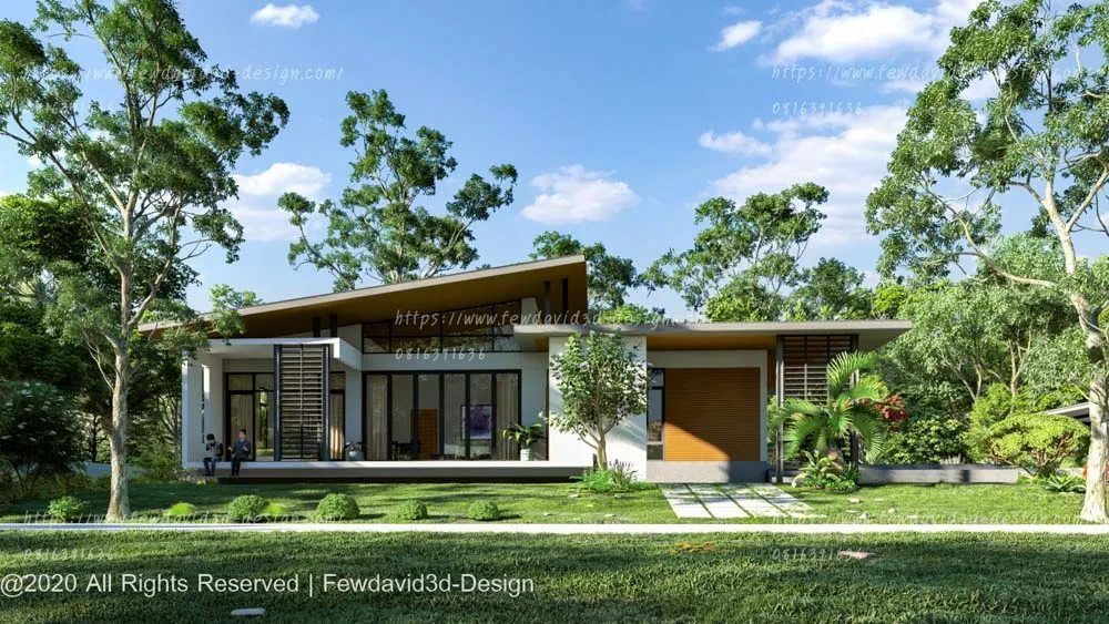 บ้านสไตล์โมเดิร์นทรอปิคอล ออกแบบด้วยหลังคาทรงเพิงหมาแหงนเล่นระดับ เน้นความโปร่งโล่งและเชื่อมโยงกับธรรมชาติ โครงสร้างใช้กระจกบานใหญ่ช่วยให้แสงธรรมชาติเข้าสู่ภายในบ้านได้เต็มที่ พร้อมระแนงไม้แนวตั้งช่วยลดแสงแดดและเพิ่มความเป็นส่วนตัว พื้นที่รอบบ้านตกแต่งด้วยสวนสีเขียวขนาดใหญ่ ให้บรรยากาศร่มรื่นและเย็นสบาย เหมาะสำหรับผู้ที่ต้องการบ้านสไตล์โมเดิร์นร่วมสมัยที่สอดคล้องกับธรรมชาติ