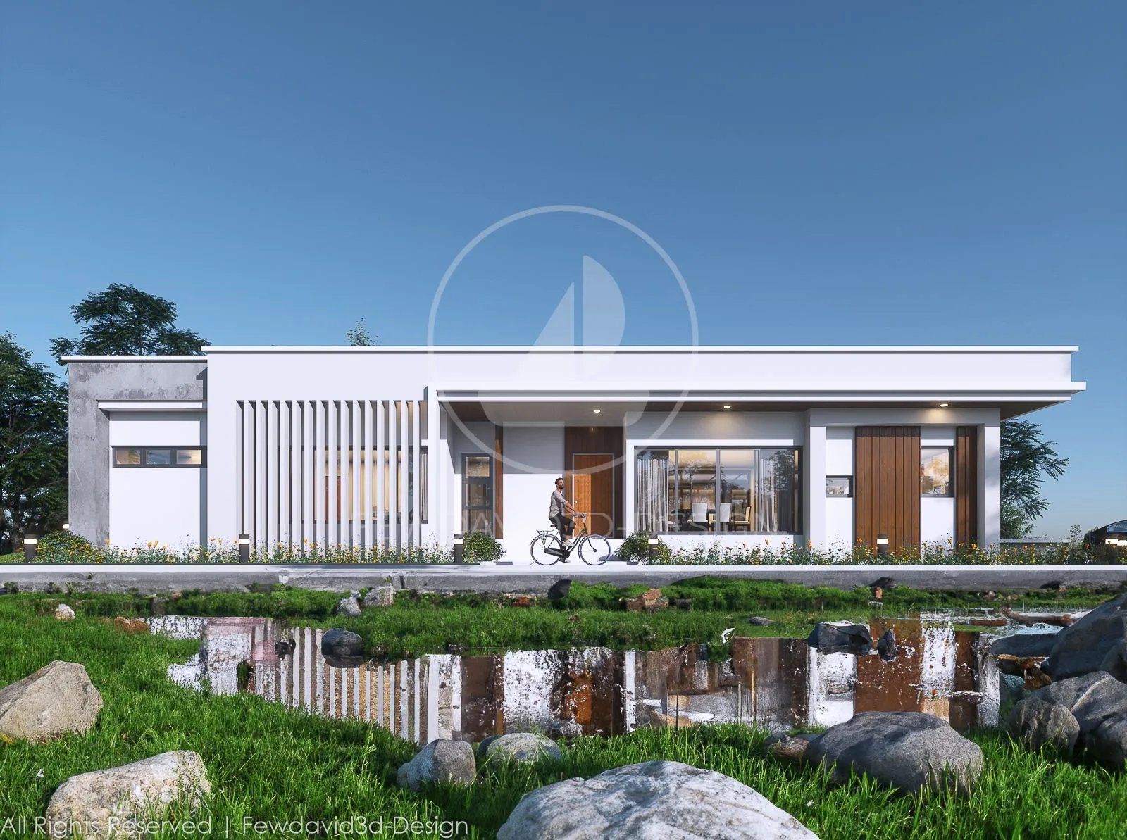 บ้านสไตล์โมเดิร์นชั้นเดียว ออกแบบด้วยรูปทรงเรียบง่ายแต่ทันสมัย เน้นโทนสีขาวและไม้เป็นหลัก เพิ่มความอบอุ่นและหรูหราให้กับตัวบ้าน โครงสร้างเปิดโล่งด้วยกระจกบานใหญ่ รับแสงธรรมชาติได้เต็มที่ ด้านหน้ามีฟาซาดระแนงแนวตั้งช่วยเพิ่มมิติและความเป็นส่วนตัว บริเวณรอบบ้านตกแต่งด้วยสวนสีเขียวและบ่อน้ำธรรมชาติ สร้างบรรยากาศที่ผ่อนคลาย เหมาะสำหรับผู้ที่ชื่นชอบบ้านสไตล์โมเดิร์นที่เรียบหรูและกลมกลืนกับธรรมชาติ