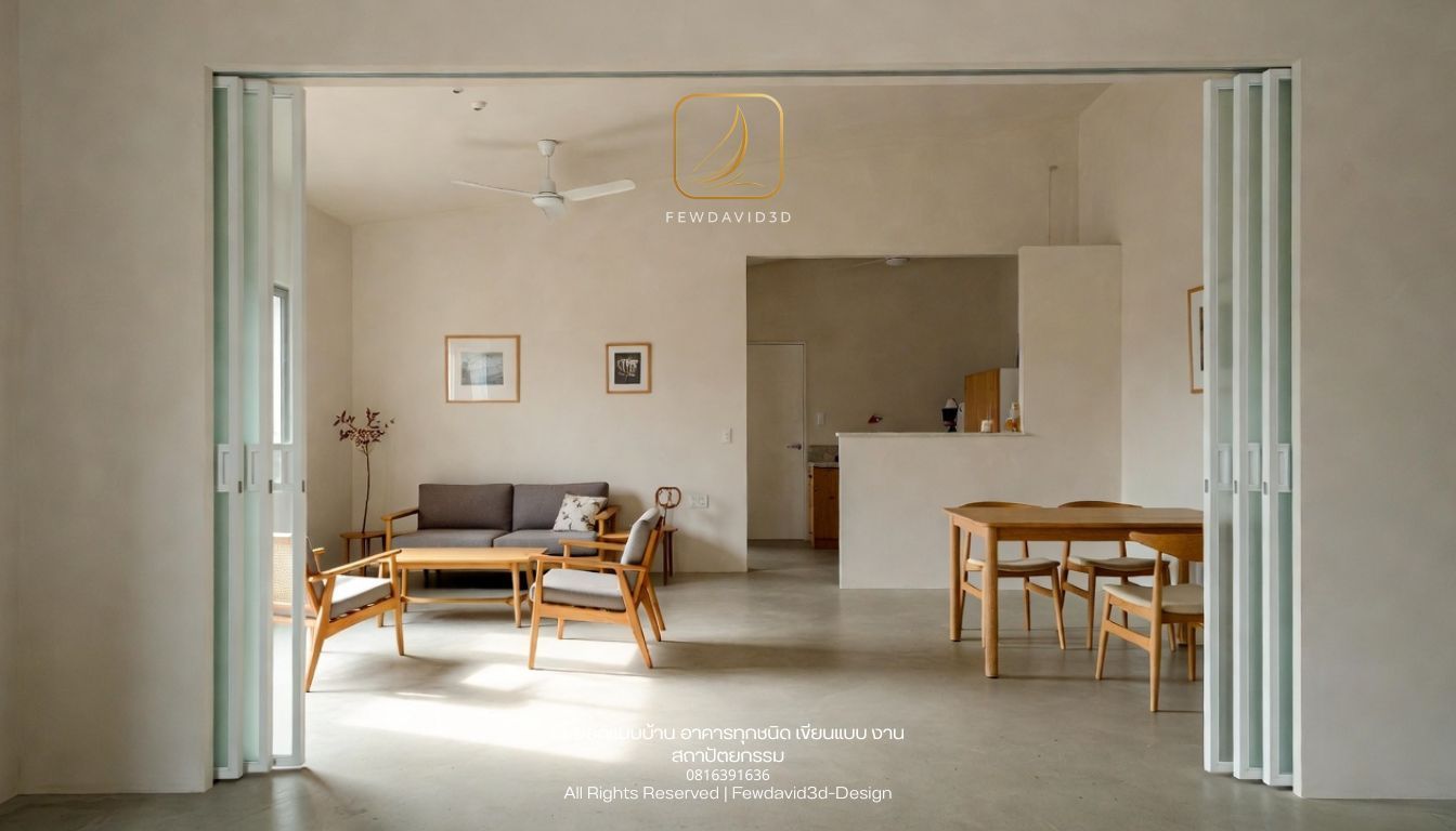 Flexible interior space for small family and aging residents, open-plan living area, sliding partitions, multipurpose room, calm neutral colors, natural daylight, soft shadows, minimal clutter, realistic Thai home interior, architectural photography, 35mm lens --ar 4:5