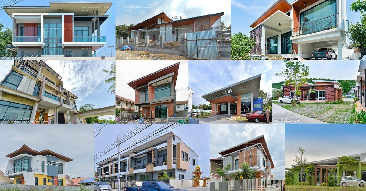 ภาพรวมของบ้านและอาคารสไตล์โมเดิร์นหลากหลายรูปแบบ โดดเด่นด้วยดีไซน์ทันสมัย หลังคาเฉียง กระจกบานใหญ่ และโทนสีที่หลากหลาย เช่น ขาว น้ำตาล และเทา บางส่วนอยู่ระหว่างการก่อสร้าง ท่ามกลางบรรยากาศธรรมชาติและชุมชนเมือง