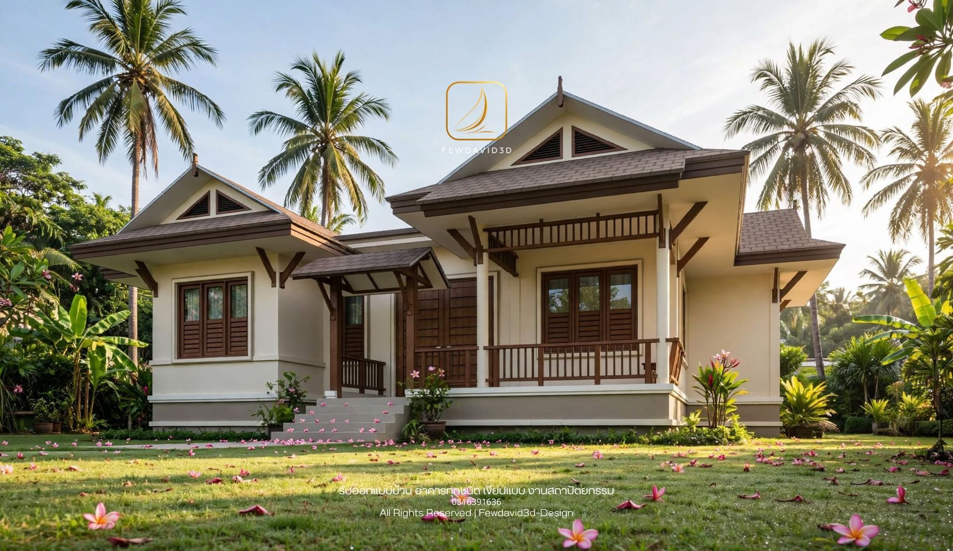 แบบบ้านไทยประยุกต์ชั้นเดียวมุมหน้าซ้าย ผนังสีครีม หลังคาสีน้ำตาล พร้อมเฉลียงและสวนเขตร้อน