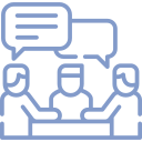Three stylized figures sitting at a table with speech bubbles above them, signifying a meeting or conversation.