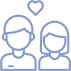 Line drawing of a pair of figures standing side-by-side with a heart icon positioned above them, in light purple.