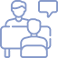 Line icon of a person sitting across from another person at a desk with a speech bubble above them.