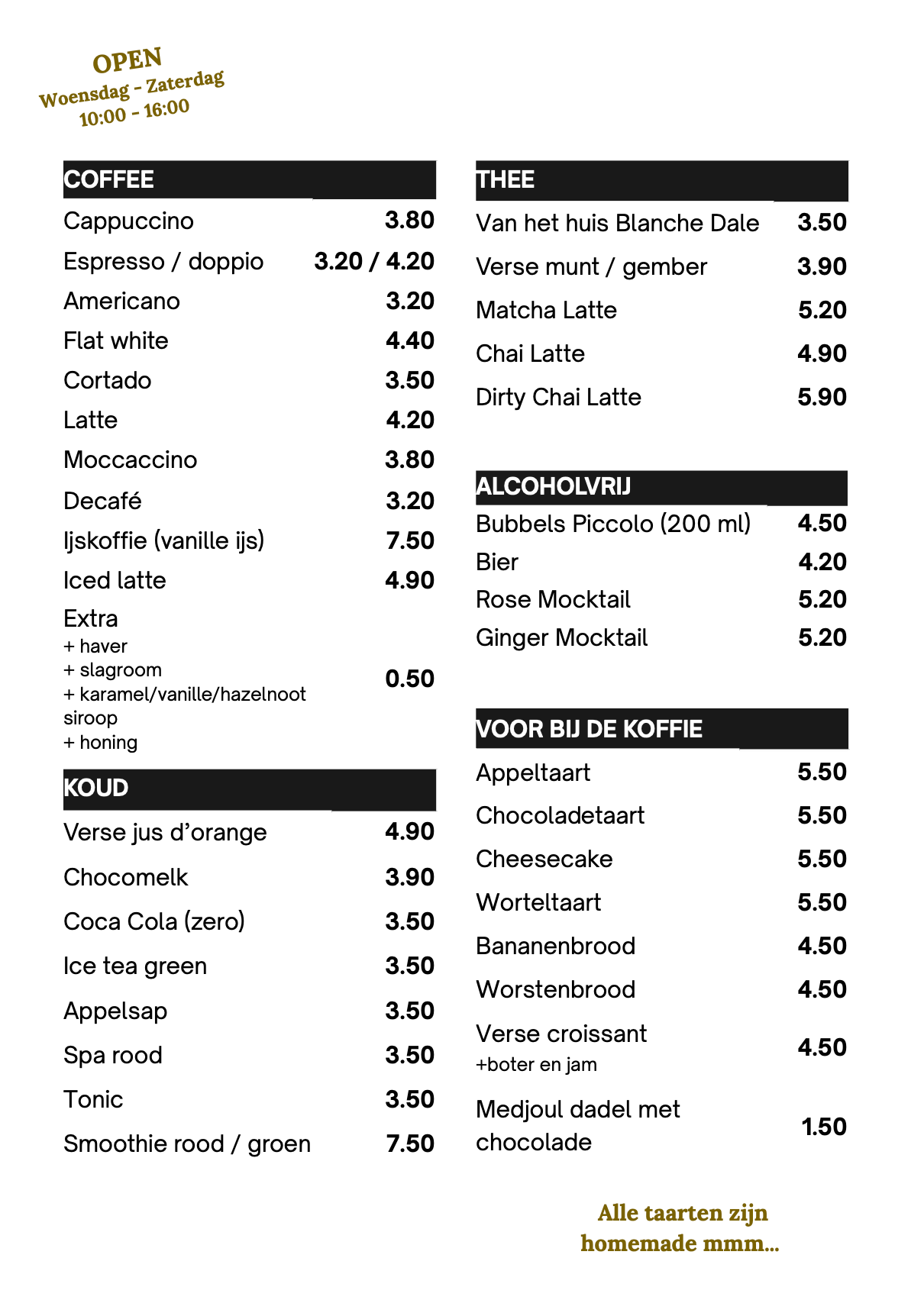 Dranken menukaart, koffie koude dranken en huisgemaakte taarten