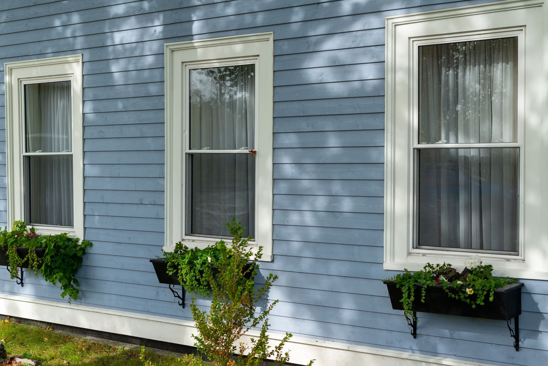 Blue house siding with three white-trimmed windows and flower boxes beneath them