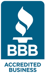 BBB Accredited Business logo in blue and white with torch icon and bold text.