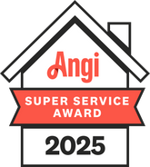 Angi Super Service Award 2025 badge with red ribbon and house roof icon