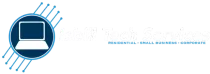 Blue laptop logo with radiating lines and the text “Residential • Small Business • Corporate”