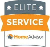 HomeAdvisor Elite Service badge in gray, orange, and white with star icons