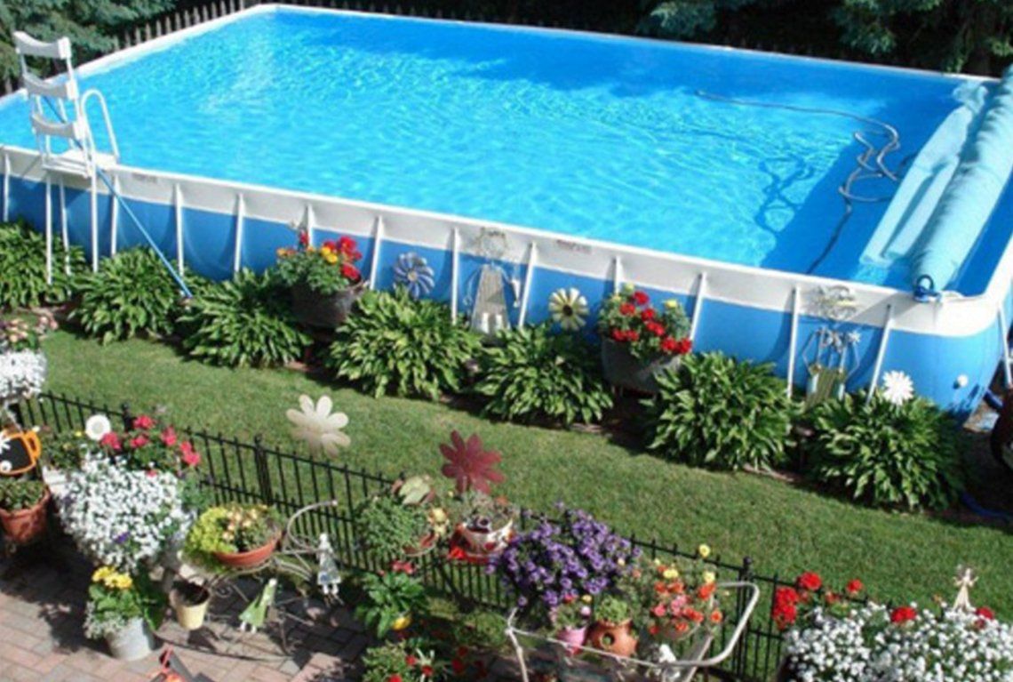Above-ground backyard pool with bright blue water, surrounded by a garden and flowers