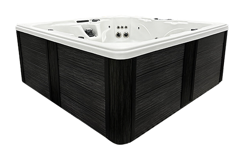 White and black corner hot tub with built-in seats and control panel