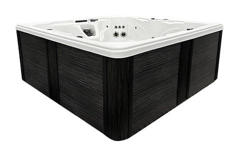 White corner hot tub with black exterior panels on a white background