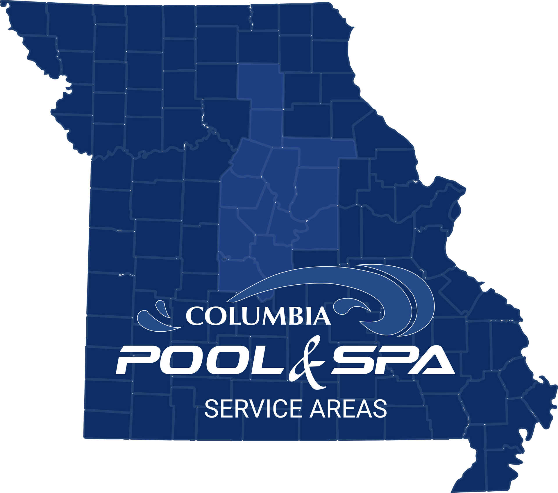 Blue Missouri map with “Columbia Pool & Spa” and “Service Areas” text