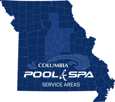 Blue Missouri map with “Columbia Pool & Spa Service Areas” logo and text