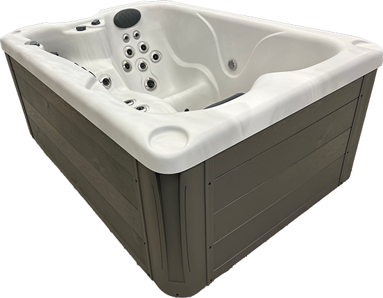 White and gray outdoor hot tub with built-in seats and jets