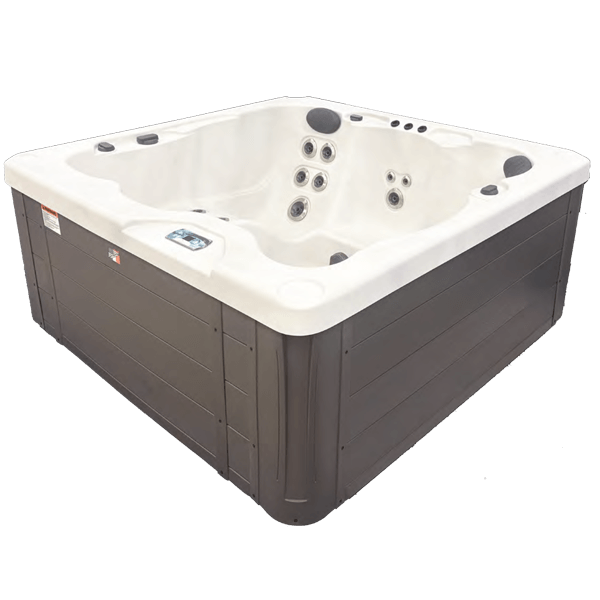Brown and white hot tub with multiple jets, shown on a white background