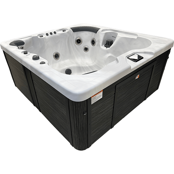 White and black corner hot tub with built-in seats and jets on display